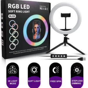 MJ26 RGB Ring Light 26cm (10.2”) – Dimmable with Tripod & Phone Holder | 360° Colors